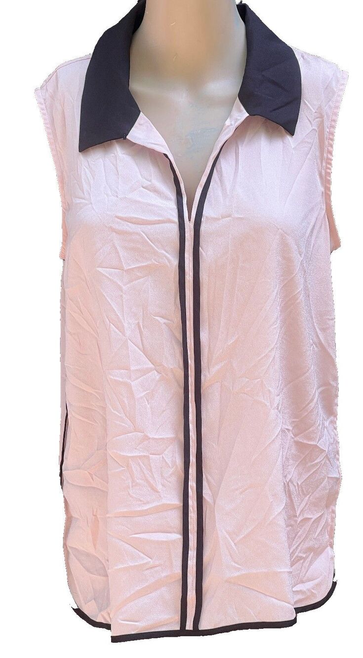 Karl Lagerfeld Paris Pink and Black Collared Sleeveless Silk Blouse
